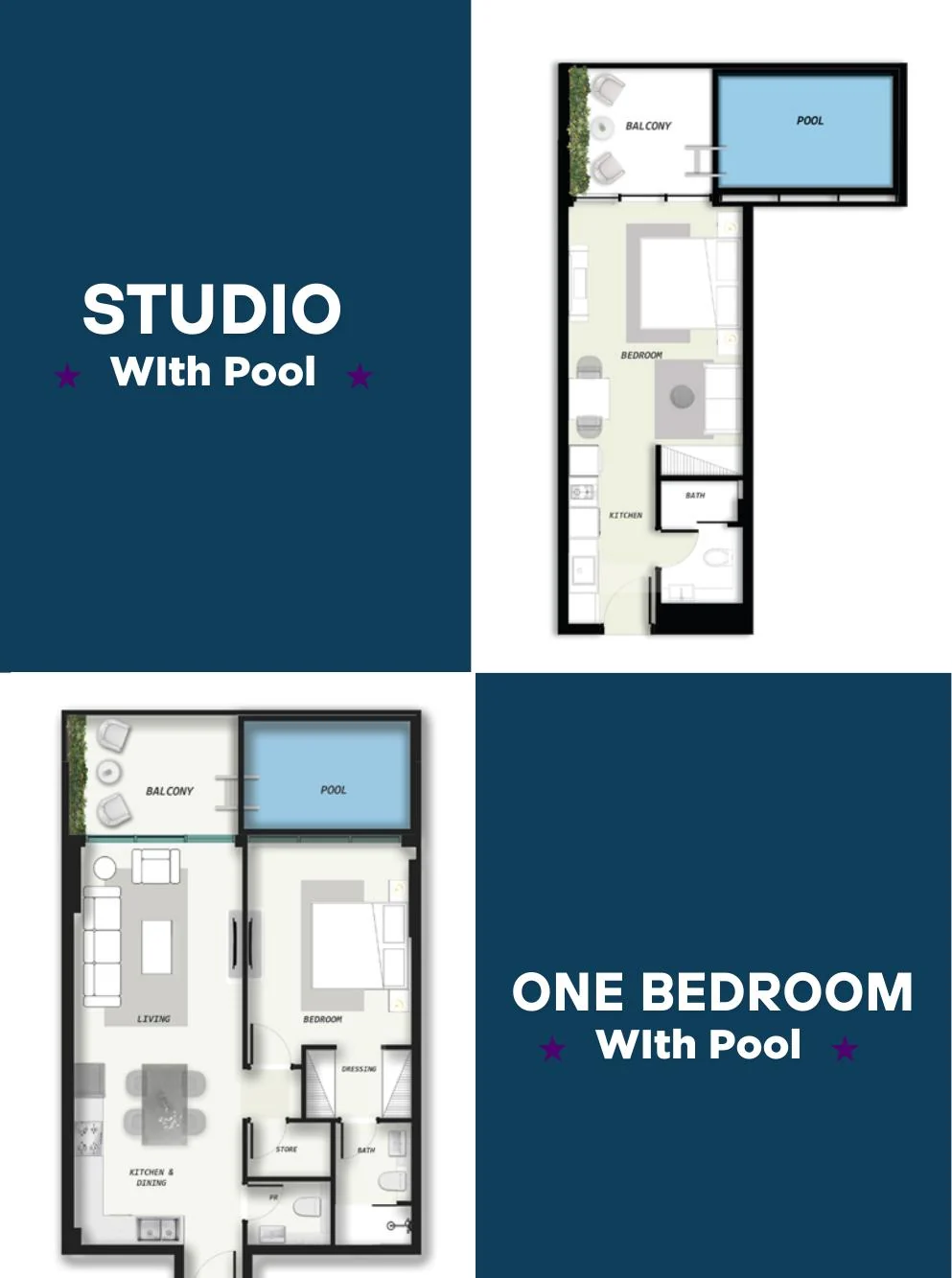 Studio and one bedroom floor plans with pool