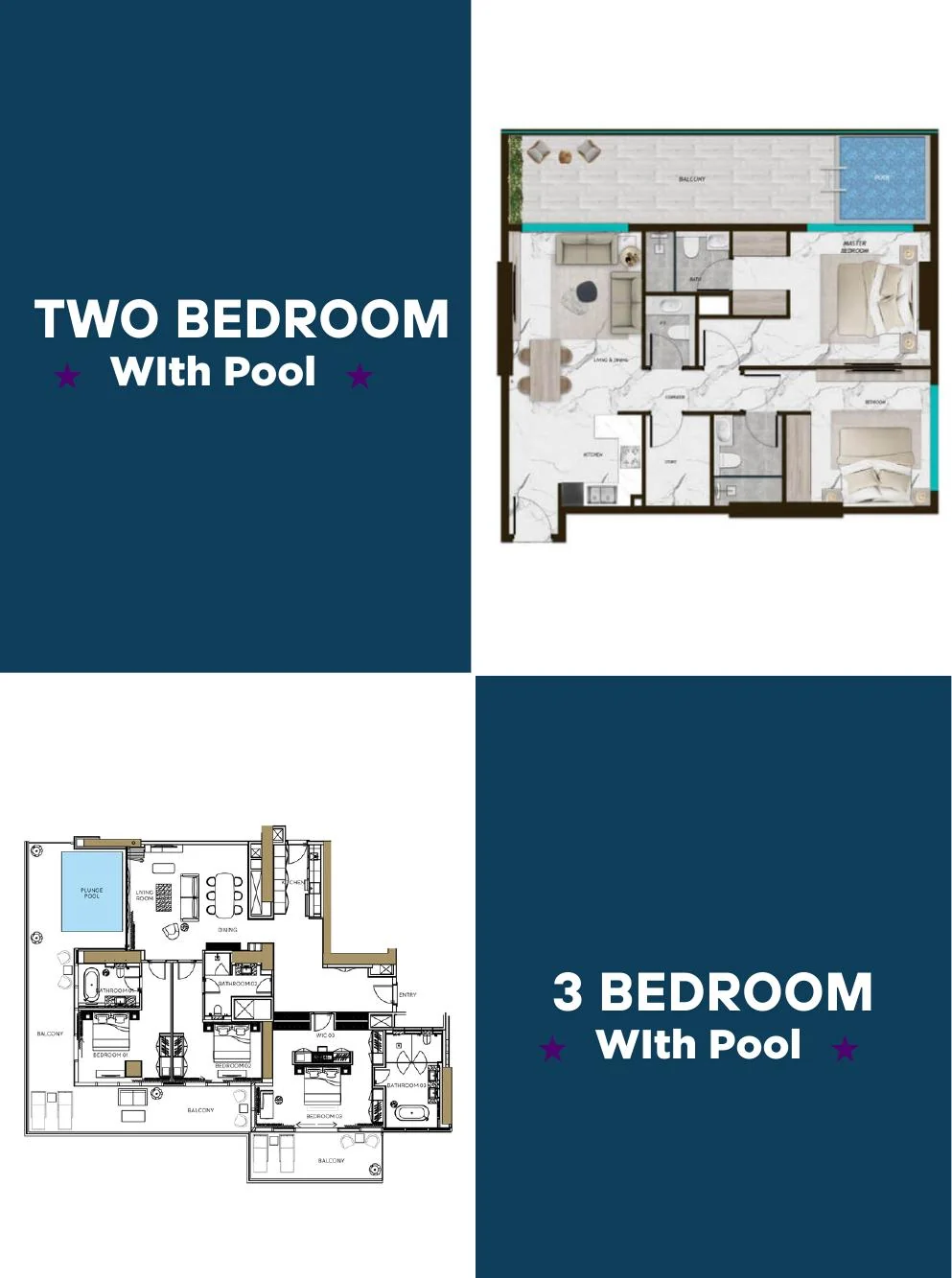 Two bedroom and three bedroom floor plans with pool